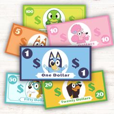 five dollar bills with cartoon characters on them and the number one dollar is $ 10