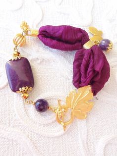 Amethyst Gemstone and Purple Silk Bracelet Gold Leaf Toggle | Etsy Bohemian Purple Bracelets With Stones, Bohemian Purple Stone Bracelet, Handmade Amethyst Bracelets For Wedding, Fashion Shops, Silk Bracelet, Gift For Anniversary, Turkish Jewelry, Bohemian Bracelets, Purple Silk