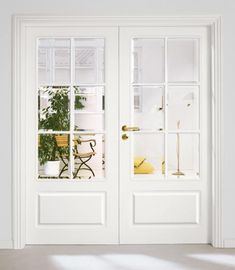 an open white door with two sidelights and plants in the window sill on either side