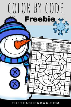 a snowman color by code with the words freebie and an image of a snowman