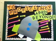 a bulletin board with an image of a rocket ship on it and the words to efficiency and beyond