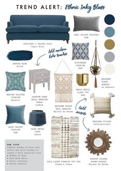 a blue couch and some pillows with the words trend alert on it in white text