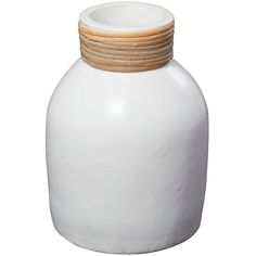 a white ceramic vase with wooden lid and brown band around the top, on a white background