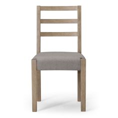 a wooden chair with grey fabric seat pad