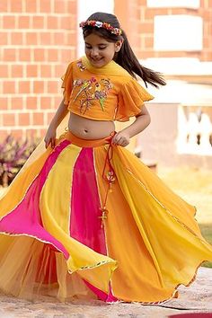 Shop for Panchhi by Kanupriya Tibrewala Multi Color Albeli Embroidered Blouse Lehenga Set For Girls Online at Aza Fashions Lehenga Blouse Designs Latest, Yellow Dupatta, Haldi Function, Frocks For Kids, Blouse Lehenga, Motif Embroidery, Georgette Lehenga, Lehenga Blouse Designs, Kids Lehenga