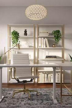 an office with a desk, chair and bookshelf