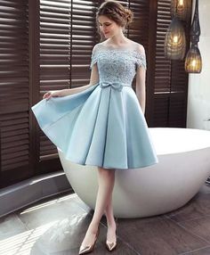 Cute Short Prom Dresses, Prom Dress Blue, Prom Dresses Simple, Blue Bridesmaid Dress, Blue Homecoming Dresses, Lace Homecoming Dresses, Short Prom Dress, Lace Short, Blue Bridesmaids