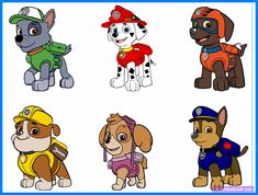 six cartoon dogs with different clothes and hats