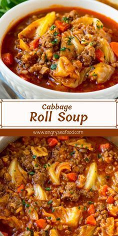 cabbage roll soup in a white bowl with carrots and parsley on the side