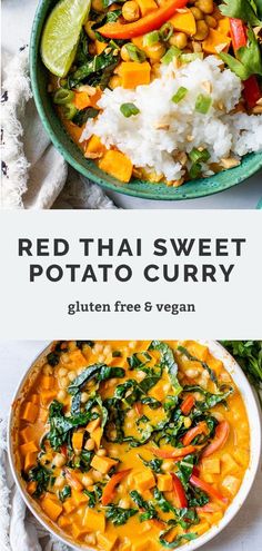 red thai sweet potato curry with white rice and vegetables