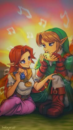 the legend of zelda and princess zelda are sitting next to each other in front of a sunset