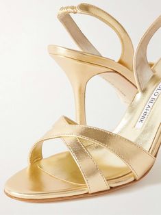 Classic Gold Sandals With Heel Strap, Classic Gold Slingback Heels, Classic Gold Evening Sandals, Gold Dress Sandals, Manolo Blahnik Slingback, Manolo Blahnik Sandals, Latest Sandal, T Strap Flats, Leather Sandals Flat