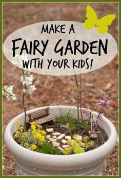 a potted plant that has some plants in it and the words make a fairy garden with your kids