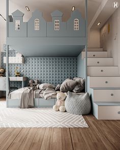 a child's bedroom with blue walls and wooden flooring, built in to the ceiling