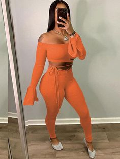 Material:90-95% Polyester & Spandex. Features:Solid color. long sleeve. off-shoulder. bell sleeve. tie-up. crop top. cut-out. high waist. bodycon. sexy. long pants.Style: Casual.Package Include:Two-piece outfits. Crop Top Pants Set, Off Shoulder Fashion, Top Pants Set, Plus Size Jumpsuit