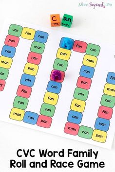 the cvc word family roll and race game is shown with dices on it