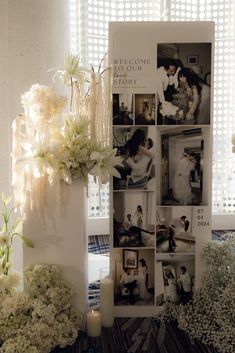 a wedding photo collage with white flowers and candles in front of a wall that has photos on it