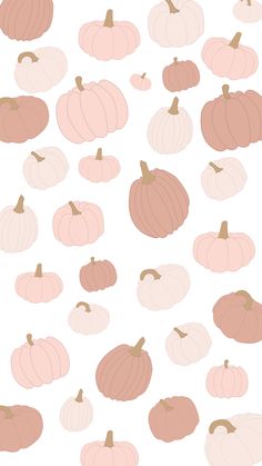 a bunch of pumpkins that are on a white surface with pink and peach colors