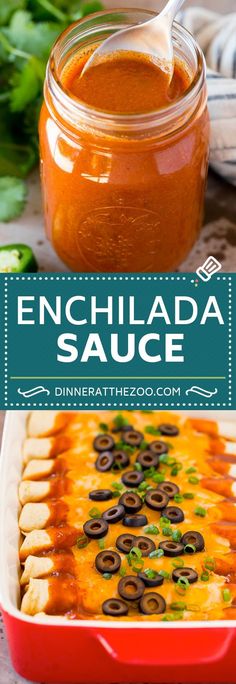 enchilada sauce in a red casserole dish with the title overlay