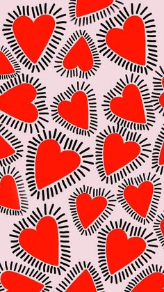 many red hearts on a pink background with black and white lines in the shape of heart shapes