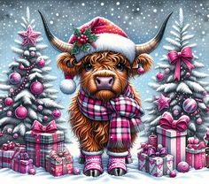 a painting of a yak wearing a santa hat and scarf next to christmas trees