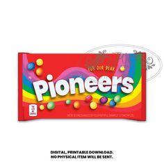 a candy bar with the word pioneers on it's front and back side in rainbow colors