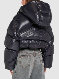 Non-detachable hood. Front snap button and concealed zip closure. Back embossed logo. Two front pockets. Down feather filling. Model is wearing a size38 Designer Hooded Puffer Jacket With Padded Collar, Designer Down Puffer Jacket With Detachable Hood, Designer Quilted Hooded Puffer Jacket, Designer Winter Puffer Jacket With Detachable Hood, Luxury Puffer Jacket With Padded Collar For Outdoor, Luxury Outdoor Puffer Jacket With Padded Collar, Luxury Hooded Puffer Jacket With Zipper Closure, Luxury Quilted Outerwear For Streetwear, Luxury Quilted Hooded Puffer Jacket