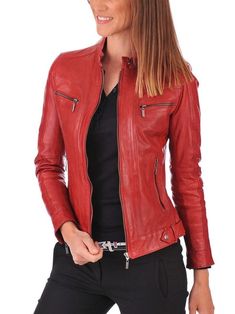 Elevate your wardrobe with our exquisite women's red lambskin leather jacket--a timeless blend of fashion and functionality. Crafted with meticulous attention to detail, this jacket combines style, comfort, and versatility, making it a must-have addition to your outerwear collection. Key Features: Luxurious Lambskin Leather: This jacket is meticulously crafted from high-quality lambskin leather, known for its softness, durability, and distinct texture. You'll love the luxurious feel against your skin. Classic Red Hue: The bold and captivating red color adds a touch of glamour to your attire, making a statement wherever you go. It's a versatile choice that complements various outfits. Long Sleeves: Designed with long sleeves, this jacket ensures maximum coverage and warmth, making it suitab Fitted Biker Jacket, Womens Biker Jacket, Trendy Jackets, Lambskin Leather Jacket, Real Leather Jacket, Women's Coats & Jackets, Leather Jackets Women, Red Jacket, Lambskin Leather