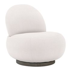 an upholstered white chair with a black base and round wooden legs, on a white background