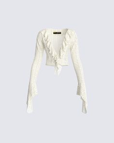 Use your charm to your advantage in this fitted ivory lace top 😚 Featuring ruffle detailing around the neckline and sleeve hem, a lettuce edge, plus loop and button closures - this piece is perfect for those occasions that call for a little extra effortless elegance 🤍 White Crochet Long Sleeve Top, Ruffle Tops Outfit, White Corset Dress, Ivory Lace Top, Ruffled Tops, White Ruffle Top, Vegan Leather Skirt, Red Mini Skirt, Chain Dress