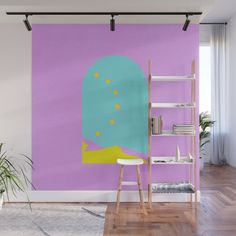 a purple wall with a blue and yellow painting on it