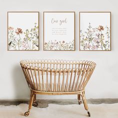 two framed art prints on the wall above a wicker baby crib in front of a white wall