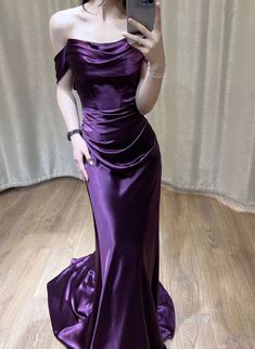 Purple Satin Off Shoulder Long Evening Dress, Purple Satin Prom Dress Purple Satin Prom Dress, Extra Heels, Prom Dress Pictures, Homecoming Ideas, Princess Sleeves, Color Rush, Long Evening Dress, فستان سهرة, Purple Satin