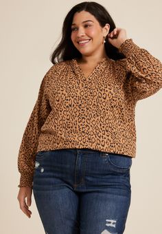 Plus Size Animal V Neck Poplin Blouse - Materials & Care:imported - 100% cotton - machine wash Printed Cotton Blouse For Fall, Leopard Print Relaxed Fit Top For Fall, Leopard Print Tops With Relaxed Fit For Fall, Leopard Print Top With Relaxed Fit For Fall, Spring Leopard Print Relaxed Fit Top, Leopard Print Relaxed Fit Top For Spring, Fall Leopard Print Cotton Tops, Leopard Print Cotton Tops For Fall, Leopard Print Cotton Tops For Spring