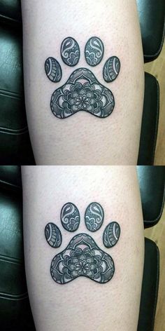 two tattoos on the legs of people with dogs paw prints and circles in them, one is