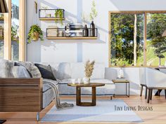 a living room filled with furniture and lots of windows next to a wall mounted shelf