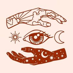 two hands holding an eye and stars in the sky