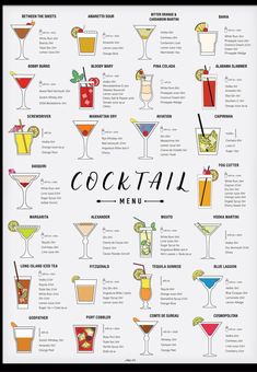 the cocktail menu is shown with different types of drinks in glasses and on top of each other