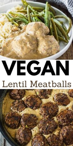 vegan meatballs and mashed potatoes in a skillet with gravy