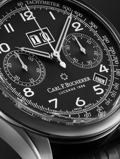 In its 130 years of watchmaking, Carl F. Bucherer has earned a reputation for precise mechanical engineering and timeless design. Demonstrating these exacting house codes, this 'Heritage BiCompax Annual' reference reimagines the original 1956 model with the addition of a practical annual calendar complication. It's been built in Switzerland from DLC-coated stainless steel and centred by a matte black dial featuring easy-to-read numerals and a tachymeter scale. The CFB 1972 in-house automatic mo… Luxury Chronograph Watch With Date Display For Formal Occasions, Luxury White Gold Chronograph Watch With Chronometer, Timeless Tachymeter Watch For Anniversary, Formal Black Chronograph Watch With Date Display, Timeless Watches With Tachymeter For Anniversary, Elegant Black Chronograph Watch With Date Display, Timeless Anniversary Watch With Tachymeter, Timeless Chronograph Watch With Tachymeter For Anniversary, Timeless Anniversary Chronograph Watch With Tachymeter