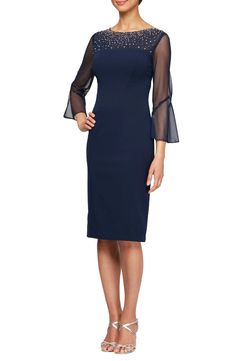 Alex Evenings SHORT SHEATH DRESS WITH EMBELL | Nordstrom Cocktail Dress Nordstrom, Short Sheath Dress, Embellished Shorts, Alex Evenings, Illusion Dress, Illusion Neckline, A Line Gown, Bell Sleeve Dress, Classic Dress