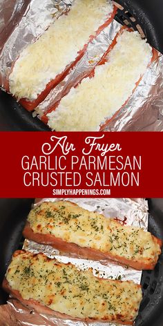 garlic parmesan crusted salmon in a cast iron skillet with text overlay