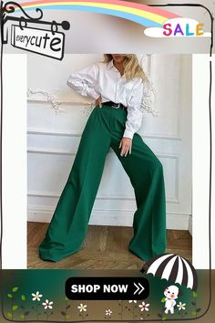 Green High Waisted Draped Wide Leg Pants Style Wide Leg Pants, High Waist Wide Leg Pants, Formal Pants, Teacher Outfits, Suit Pants, Type Of Pants, Khaki Green, High Waisted Pants, Fashion Pants