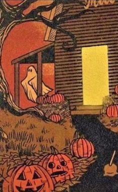 halloween scene with pumpkins and jack - o'- lanterns