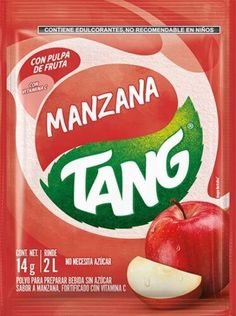 a bag of mango and apple juice with the word'manzana tang'on it