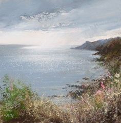 an oil painting of the ocean on a cloudy day with flowers and grass in foreground