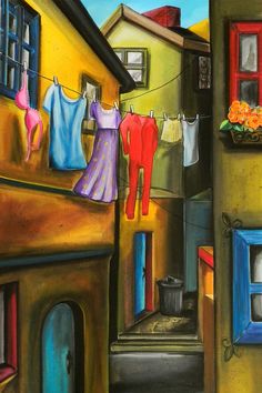 an oil painting of clothes hanging out to dry on the clothesline in front of houses