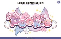 the logo for miss pokie is shown in pink and blue with stars on it