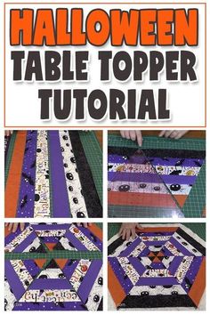 the halloween table topper is being made with purple and orange fabric, while another photo shows