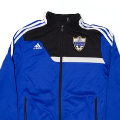 the adidas jacket is blue and black with white stripes on the front, and an emblem on the back